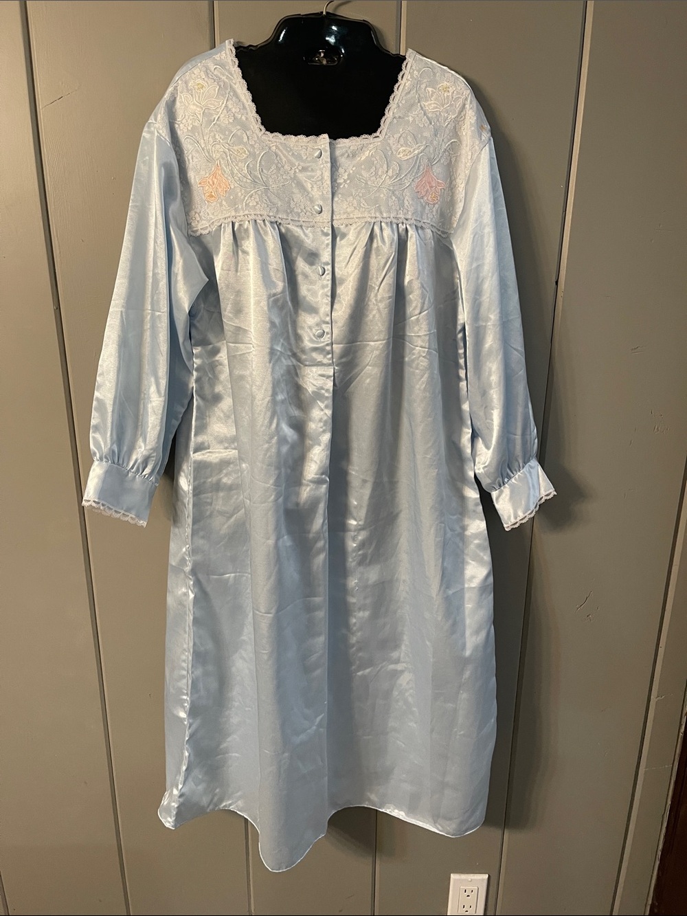 Vintage Etienne Nightgown Blue Satin White Lace Sissy Cottage Modest Romantic